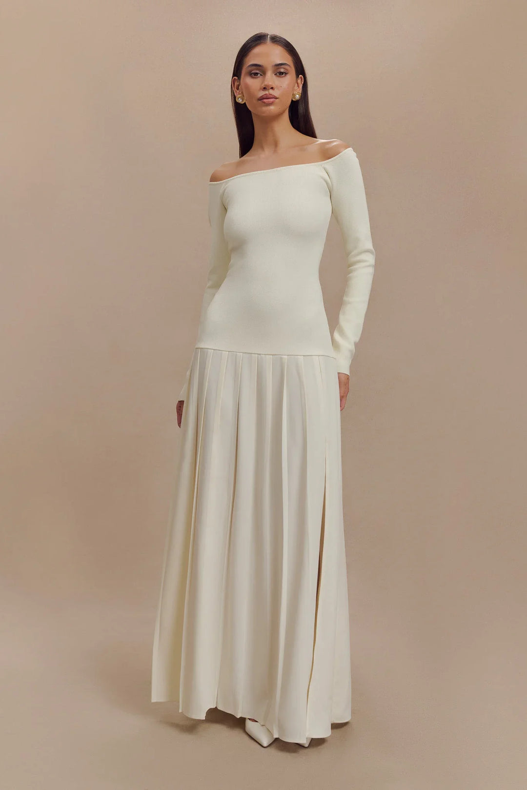 SENRI | Robe Maxi Épaules Dénudées en Maille - Ivoire