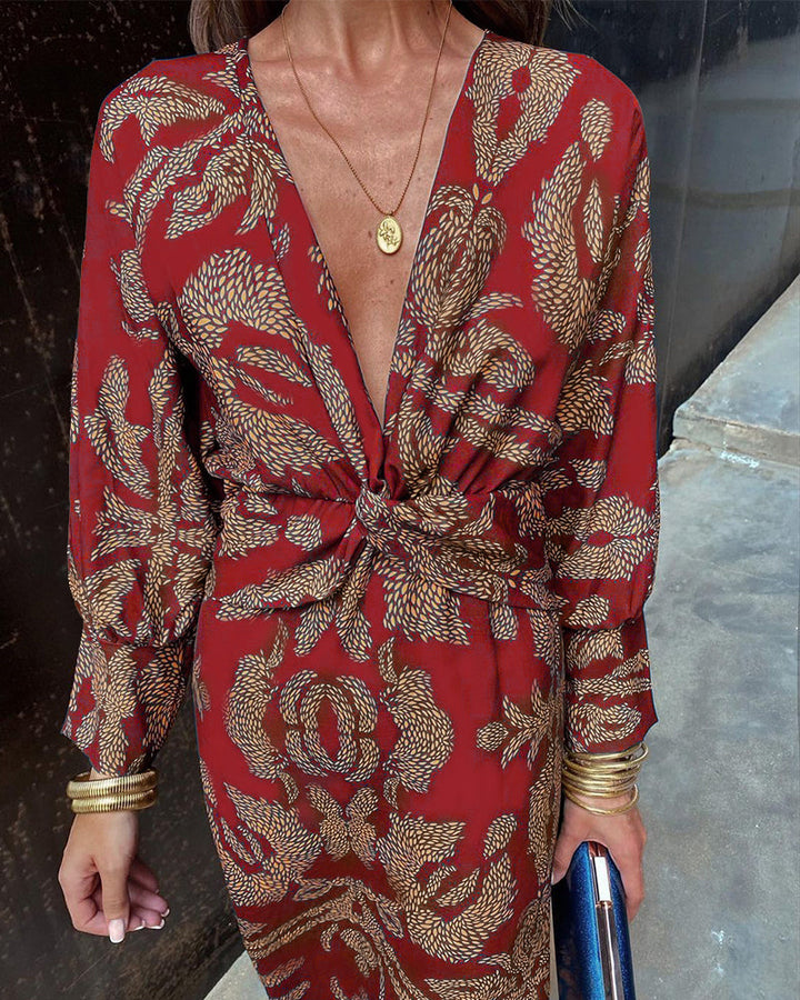 SENRI | Robe Midi Vintage Drapée à Manches Longues Janella