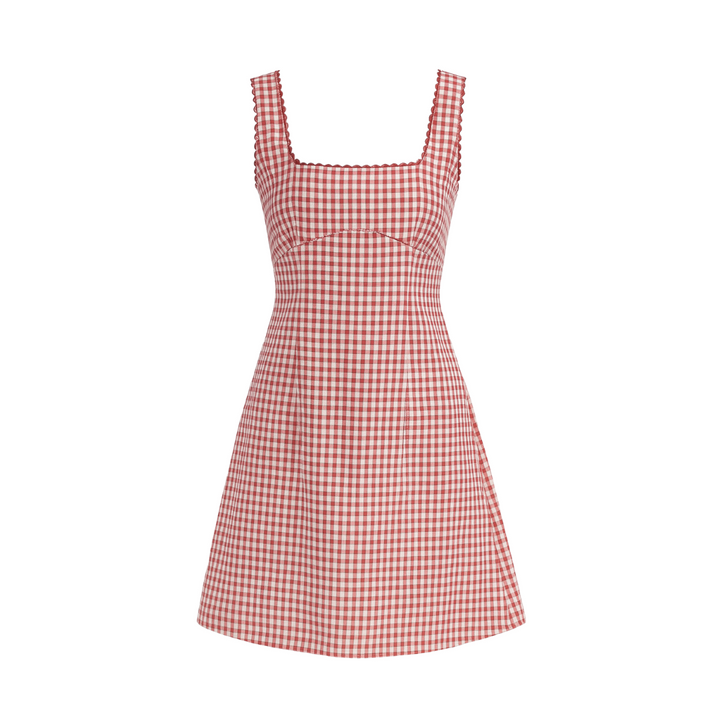 SENRI | Robe Courte à Carreaux Rouge et Encolure Carrée