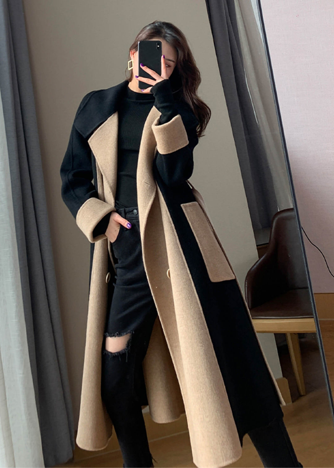 SENRI | Manteau Long Bicolore en Laine