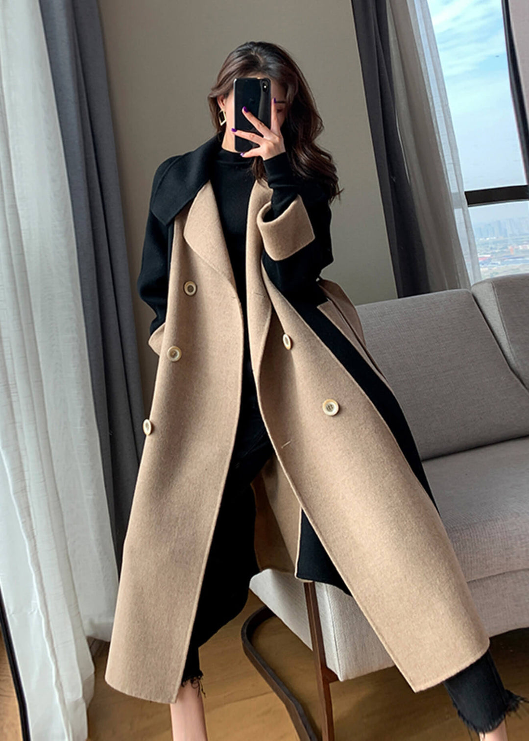 SENRI | Manteau Long Bicolore en Laine